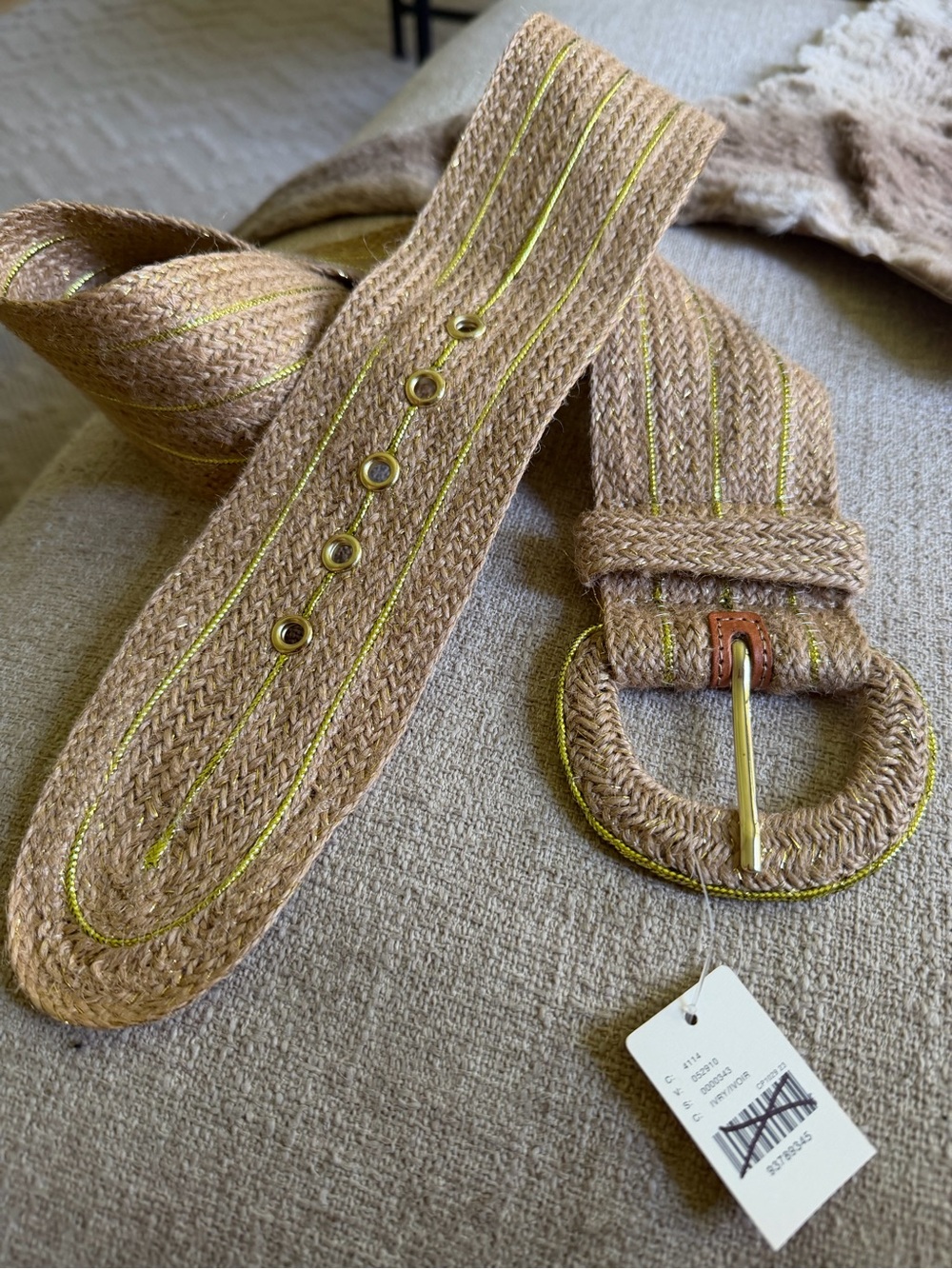 Anthropologie Tan Woven Straw Belt with Lime Stitching